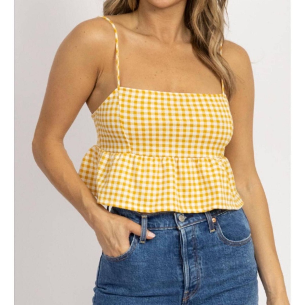 Endless Blu Yellow Gingham Peplum Crop Top